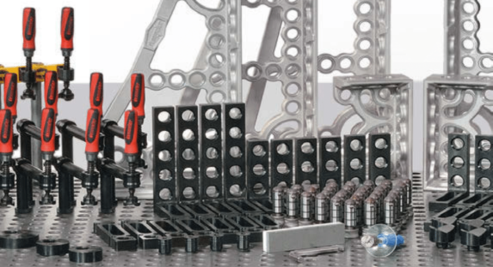 Welding table stops on a Demmeler modular welding table